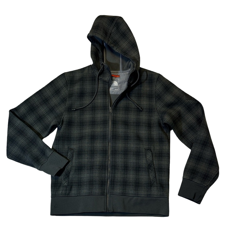 The North Face mens black gray plaid Outbound fleece lined hoodie EUC